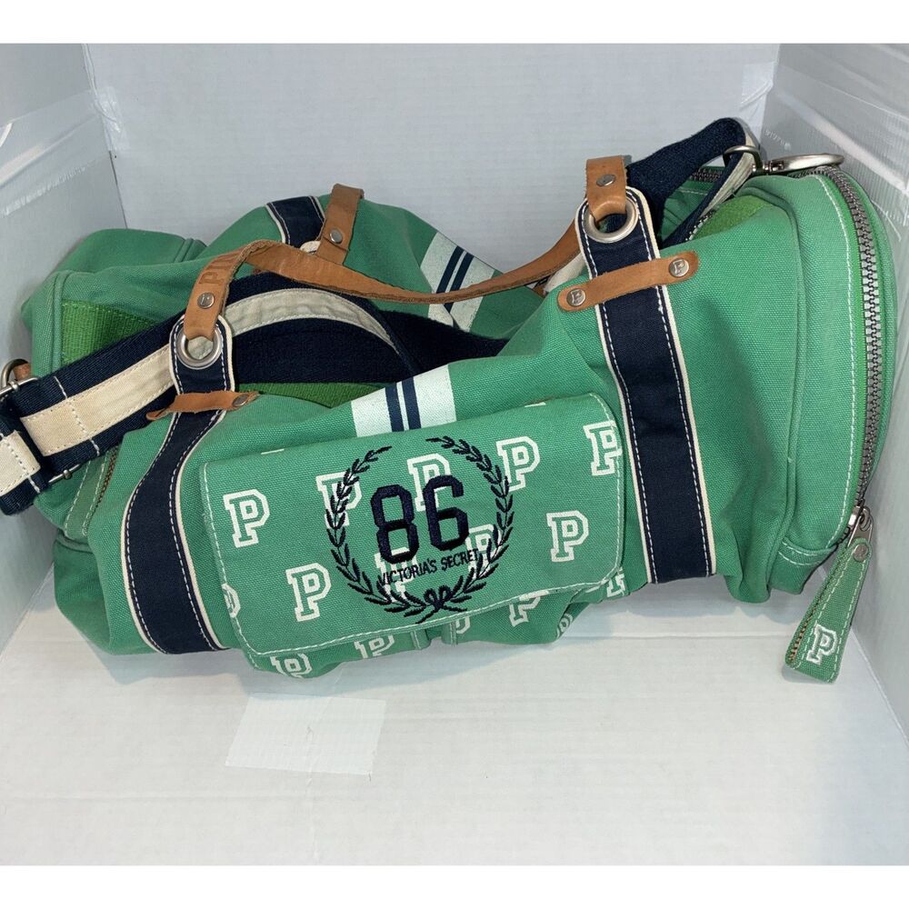 Vintage Victoria's Secret PINK Green 86 Varsity Crest Large Duffle Bag